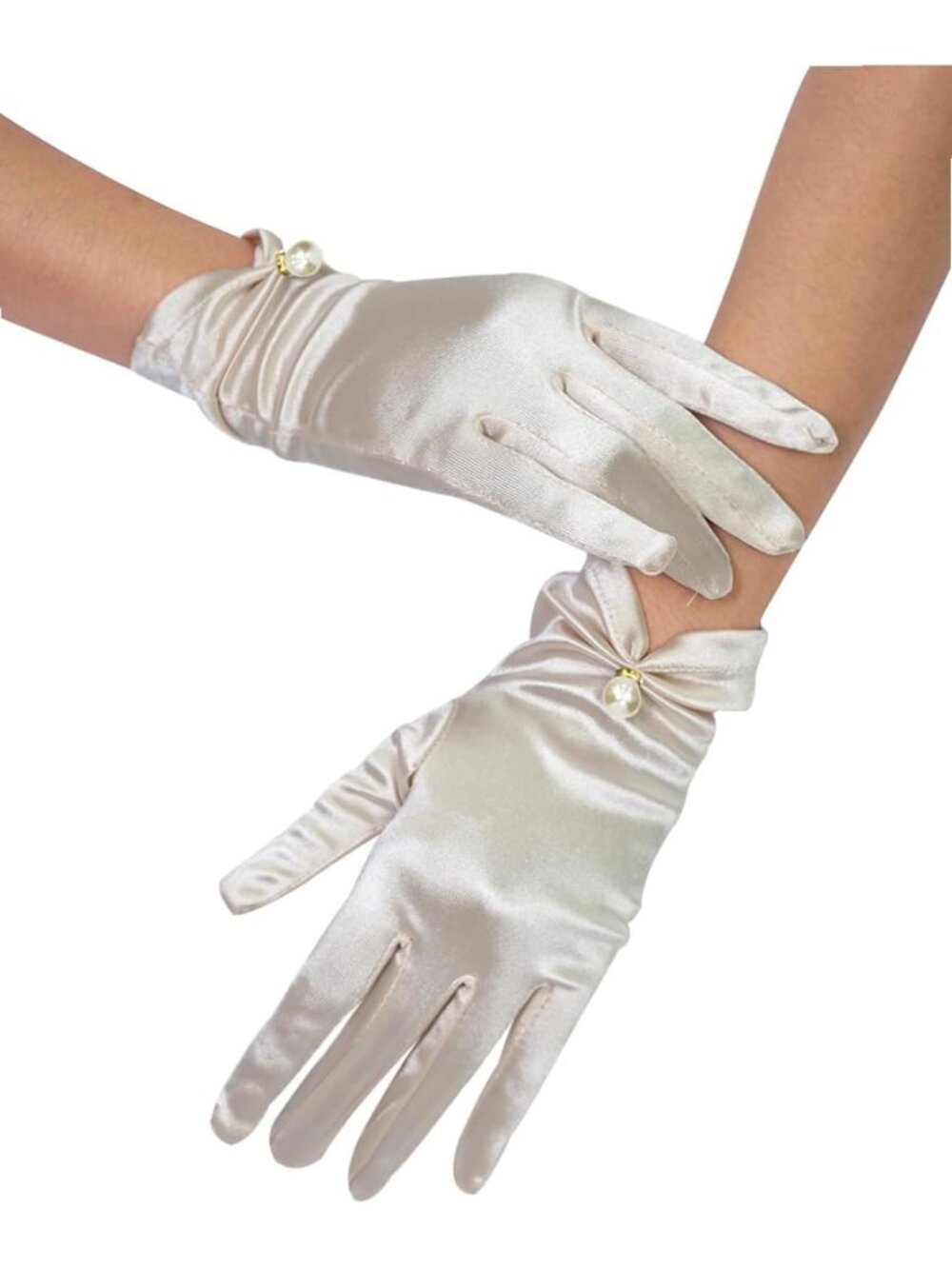 Women's Champagne Pearl Accent Wrist Length Halloween Party Stretchy Lace Gloves